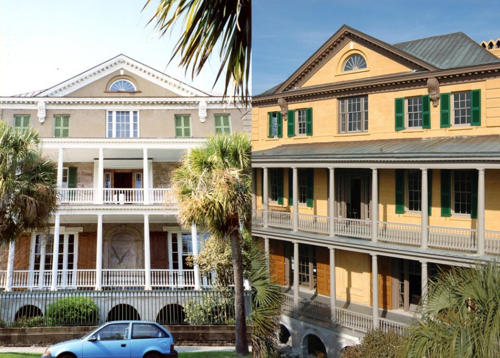 The exterior façade of the Aiken-Rhett House, before (left) and after restoration.